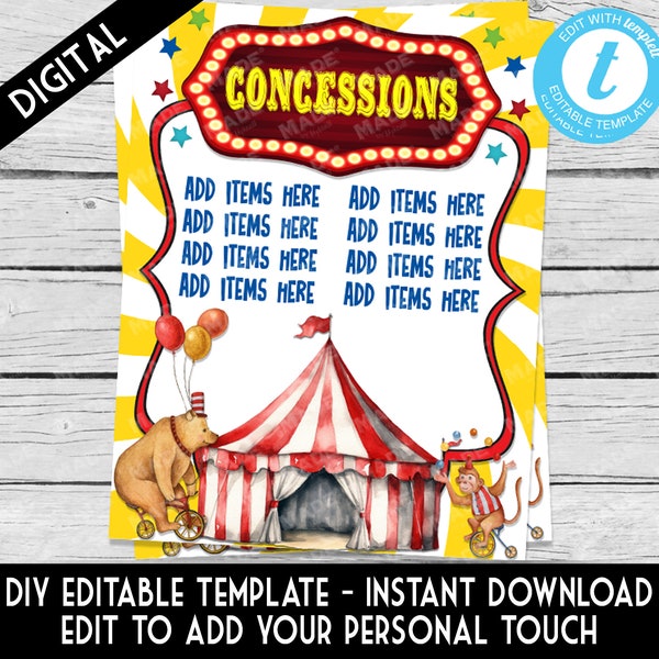 Editable CIRCUS/CARNIVAL Concessions Menu Sign - TEACHER Appreciation - Circus Theme - Carnival Theme