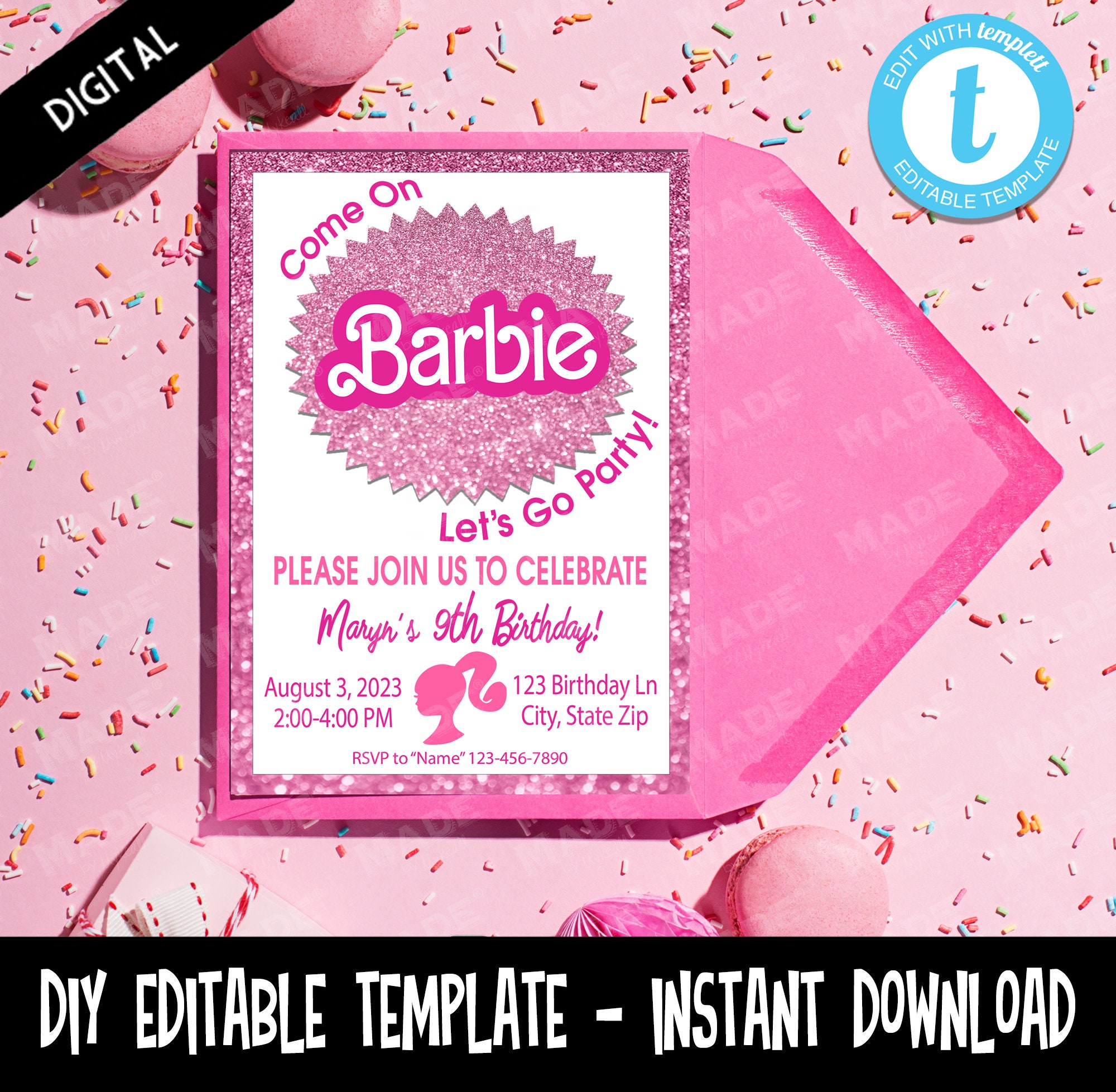 Editable BARBIE BIRTHDAY INVITATION Come on Barbie Let s Go Party