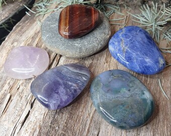 5 Tumbled Stone. Lot With Fluorite, Moss Agate, Ox&#39;s Eye, Sodalite and Pink Amethyst. Tumbled Lot. Polished Minerals.