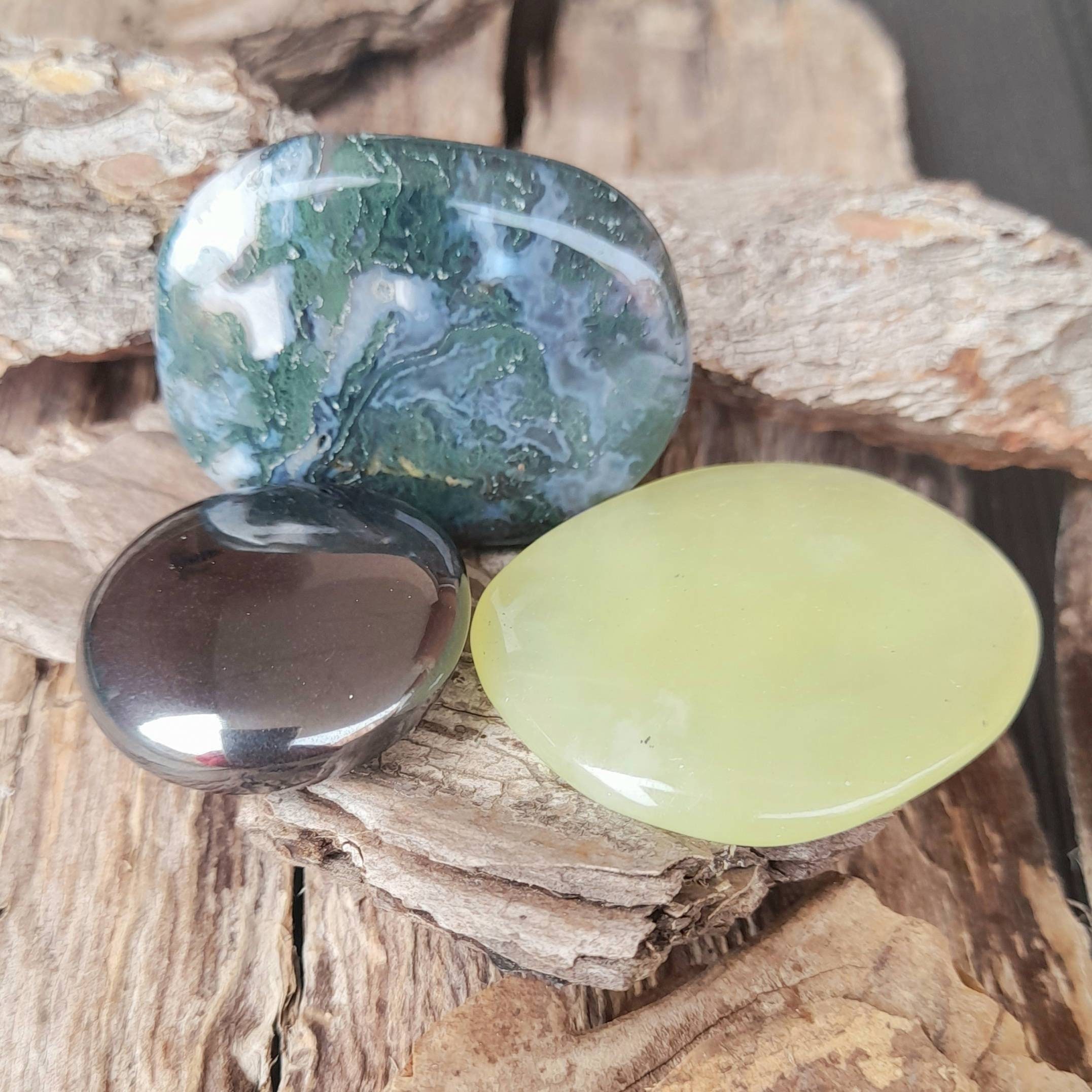 3 Tumbled Stone Lot. Lemon Jade, Moss Agate And Hematite Tumbled Stone Lot. Mineral Lot.