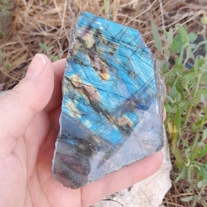 Puede incluir: Una losa pulida de mineral de labradorita que presenta un vibrante destello iridiscente azul y dorado en su superficie. La piedra muestra vetas oscuras naturales y una textura suave y reflectante con una forma irregular y base gris.