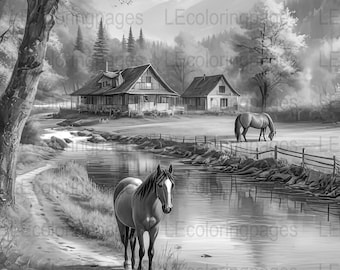 Horse Countryside Grayscale Coloring Page, Adult Stress Relief (Printable)