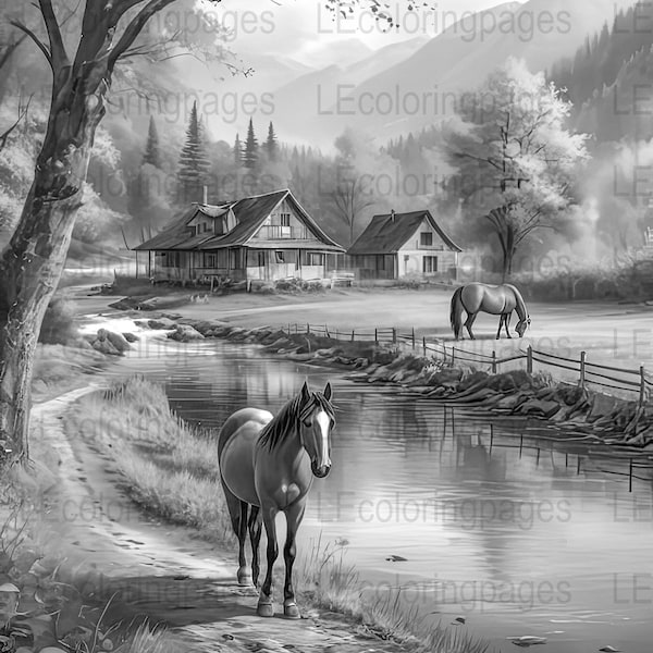 Scenic Horse Countryside Grayscale Coloring Page, Printable Adult Stress Relief, Nature Landscape Artwork, Meditation Activity