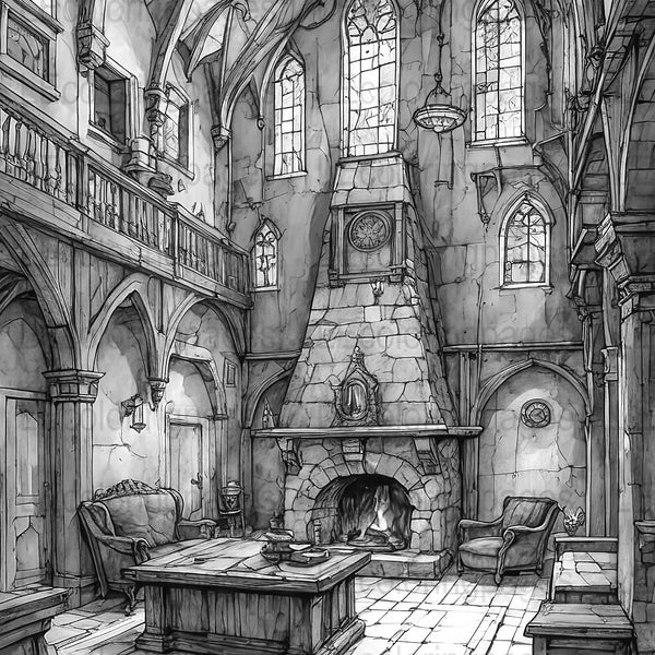 Gothic Cathedral Interior Adult Coloring Page, Grayscale Digital JPG, Stress Relief Art Therapy