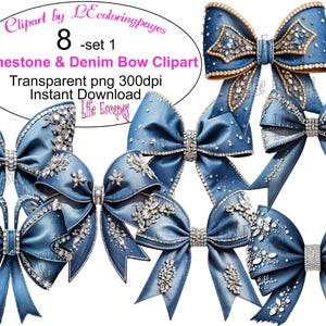 May include: A collection of eight denim-look bows with rhinestone embellishments. The bows vary in style, with some featuring intricate rhinestone designs and others with simpler accents. The bows are in shades of blue and are suitable for various craft projects.