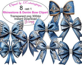 Rhinestone Denim Bow Clipart Set, Commercial Use (Digital Product)