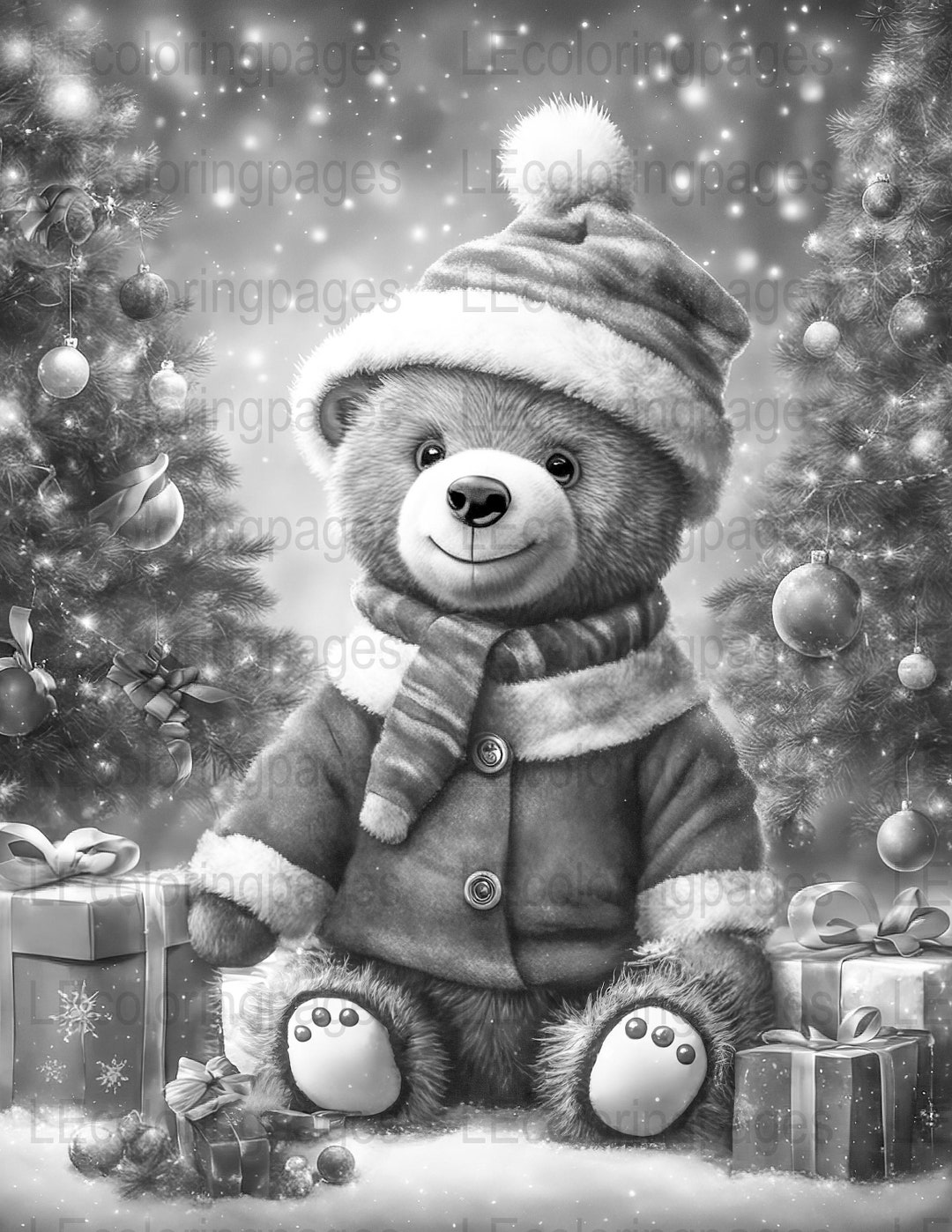 Teddy Bear Christmas Grayscale Coloring Page for Adults 84, Printable Coloring Page, Instant ...