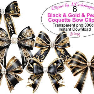 Schwarz-goldene Schleifen-Clipart, Perlenakzente, elegante Bandgrafiken, sofortiger Download, digitale ClipArt für den persönlichen oder kommerziellen Gebrauch