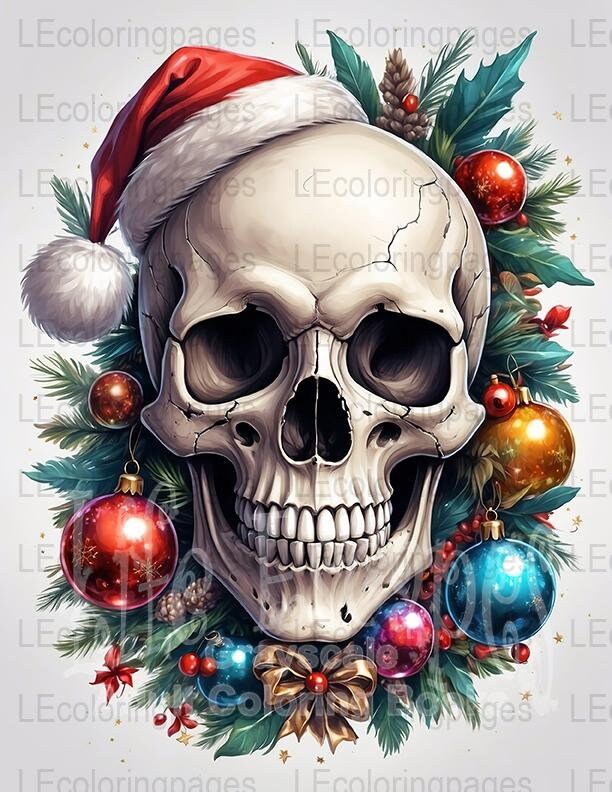 Christmas Skull Printable Coloring Page for Adults #48, Jpg 300dpi