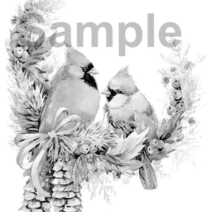 Coloriage de Noël en niveaux de gris #9 Cardinaux de Noël à colorier en haute résolution avec guide des couleurs