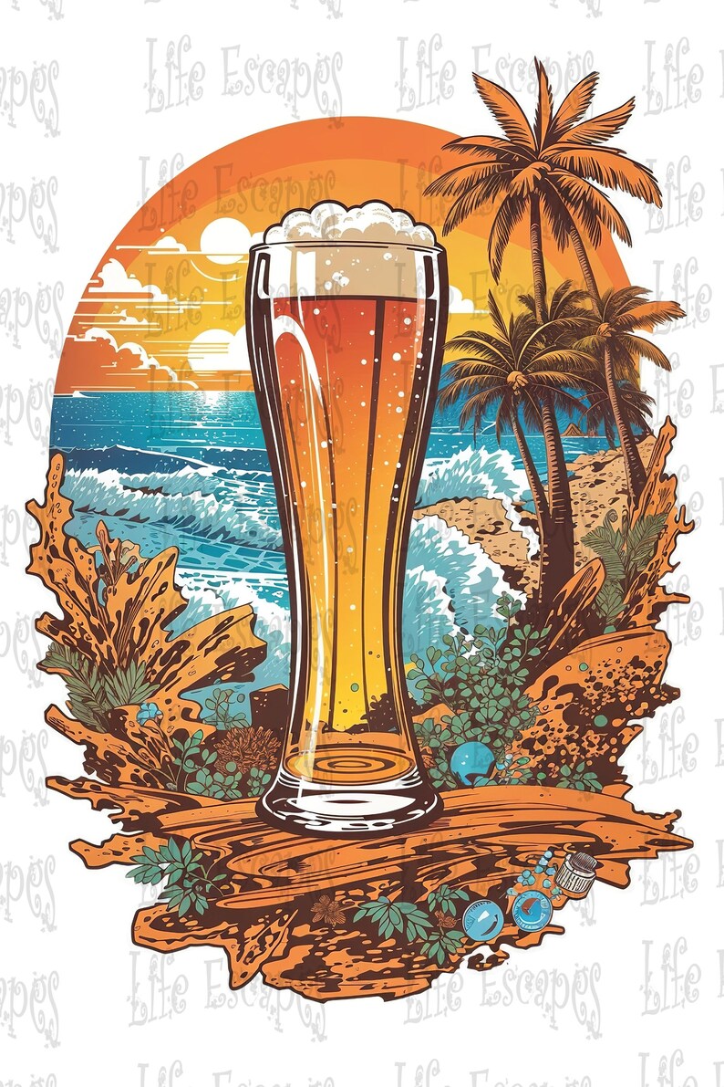 Beach Beer Sublimation Clipart, Sunset Palm Trees Digital Art ...