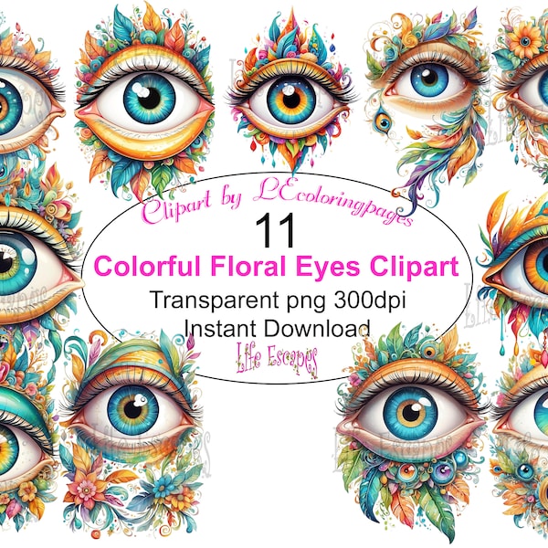 Printable Floral Eyes Clipart Bundle - Set #1, PNG, Commercial Use, Digital Download, 11 images, transparent background 300dpi