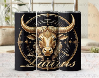 Taurus Zodiac Sign 20 oz Tumbler Wrap, Astrology Golden Bull Design, Star Sign Gift, Elegant Straight Skinny Tumbler Graphic Wrap
