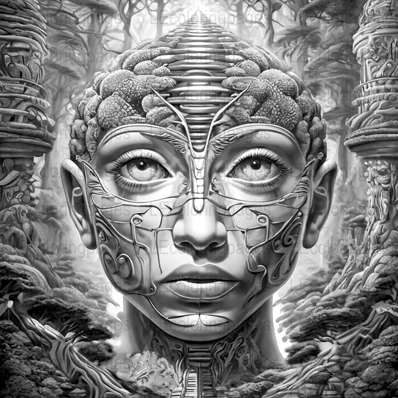 Intricate Mind Maze Adult Coloring Page, Detailed Grayscale Fantasy Artwork, Stress Relief ...
