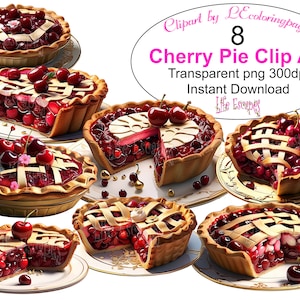 Cherry Pie Clip Art, Digital Download, Food Illustration, Commercial Use, Scrapbooking, Transparent PNG, 300dpi, Instant Download, Set of 8