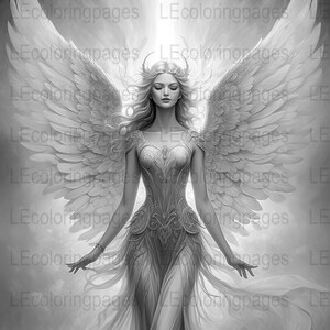 Angelic Grayscale Adult Coloring Page, Heavenly Wings Fantasy Art, Relaxing Stress Relief, Intricate Digital Download Print