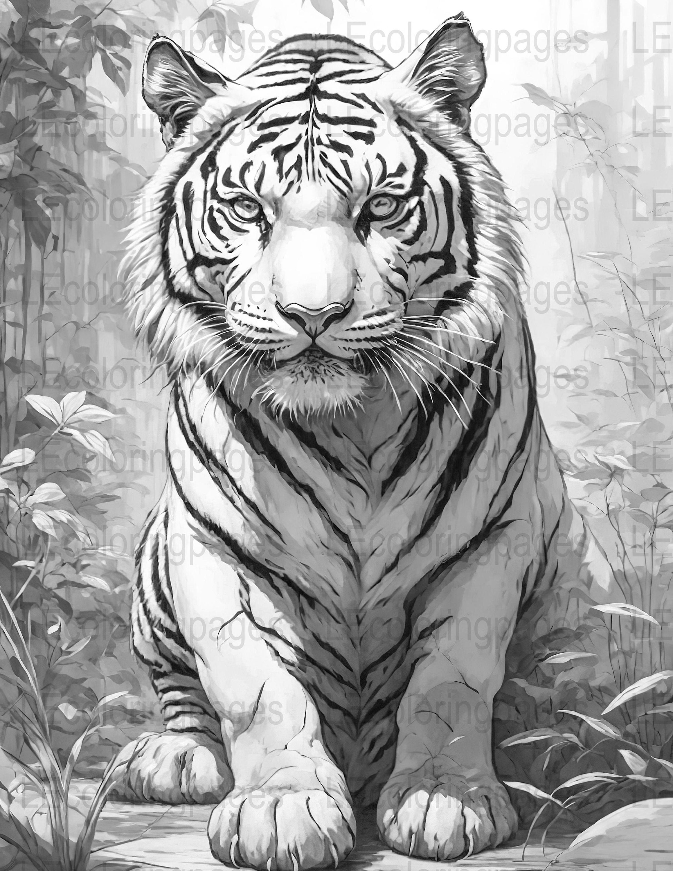 Adult Coloring Page Tiger Grayscale Jungle Animal Printable Stress ...