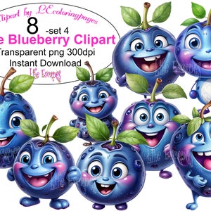 Lindo clipart de dibujos animados de arándanos, PNG digital de fruta sonriente, descarga de ilustraciones para niños, gráficos de uso comercial, arte de arándanos imprimible