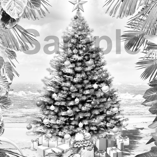 Christmas Grayscale Coloring Page #8 Christmas Tree on Beach High Resolution Printable Single Coloring Page with Color Guide