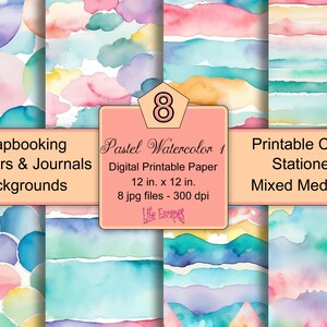 Pastel Watercolor Digital Paper Pack, Scrapbook Printable, Planner Backgrounds, Craft Papers, Downloadable, 12x12 inches, 300 dpi, Set of 8