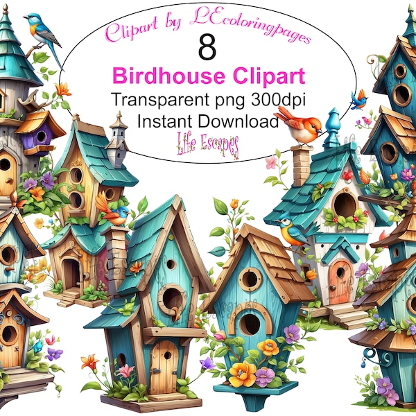 Whimsical Birdhouse Clipart Set, Colorful Garden Illustrations, Digital Download, Commercial Use, Scrapbooking Supplies, 300 dpi PNG