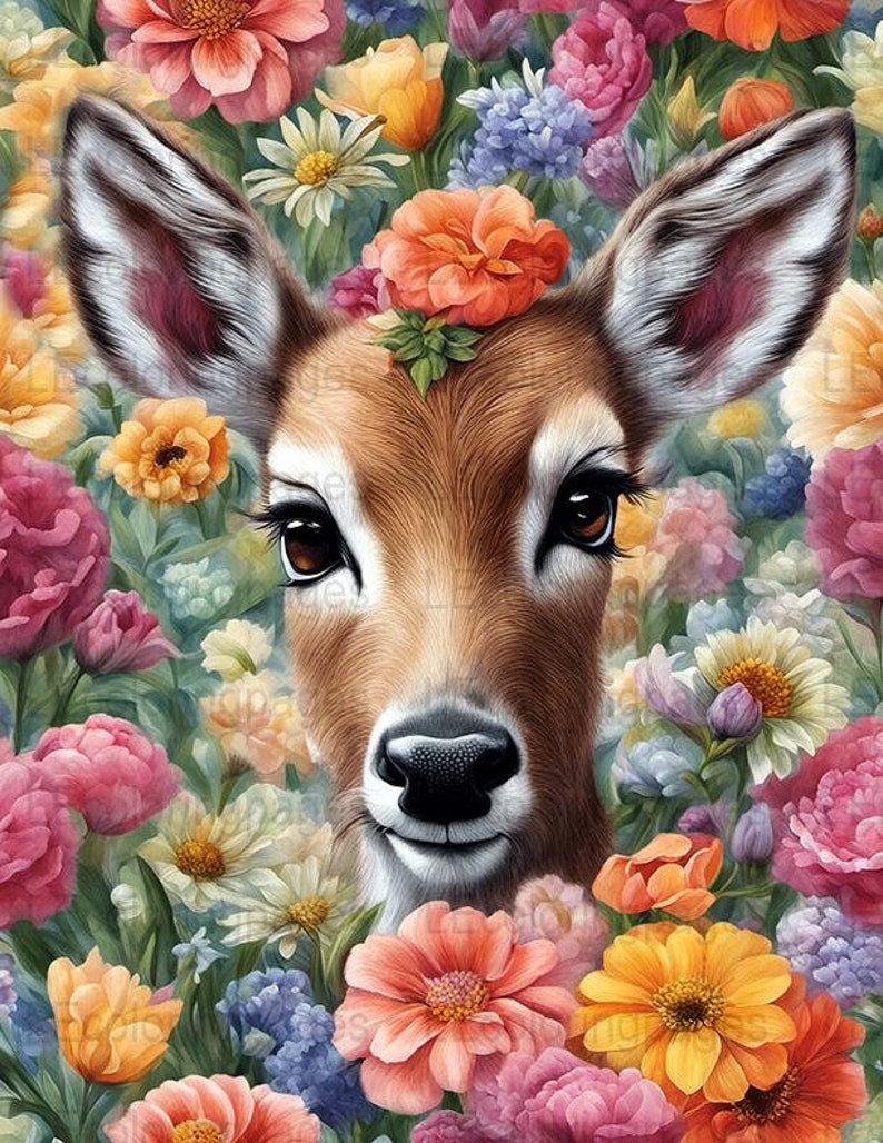 Printable Adult Coloring Page, Grayscale Deer in Floral Garden ...