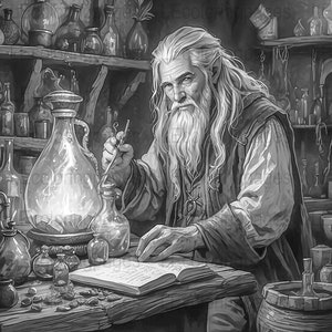 Fantasy Alchemist Coloring Page, Adult Grayscale Digital Download, Stress-Relief Art Activity, Printable Fantasy Scene for Coloring
