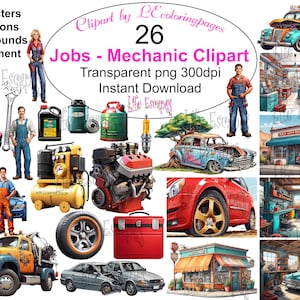Mechaniker Clipart-Set, Autowerkstatt-Illustrationen, digitale Grafiken für Lehrer, kommerzielle Nutzung, Sofort-Download, 26 Stück