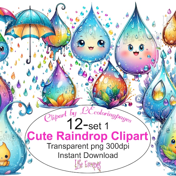 Printable Rain Drop Clipart Bundle - Set #1, PNG, Commercial Use, Digital Download, 12 images, transparent background 300dpi