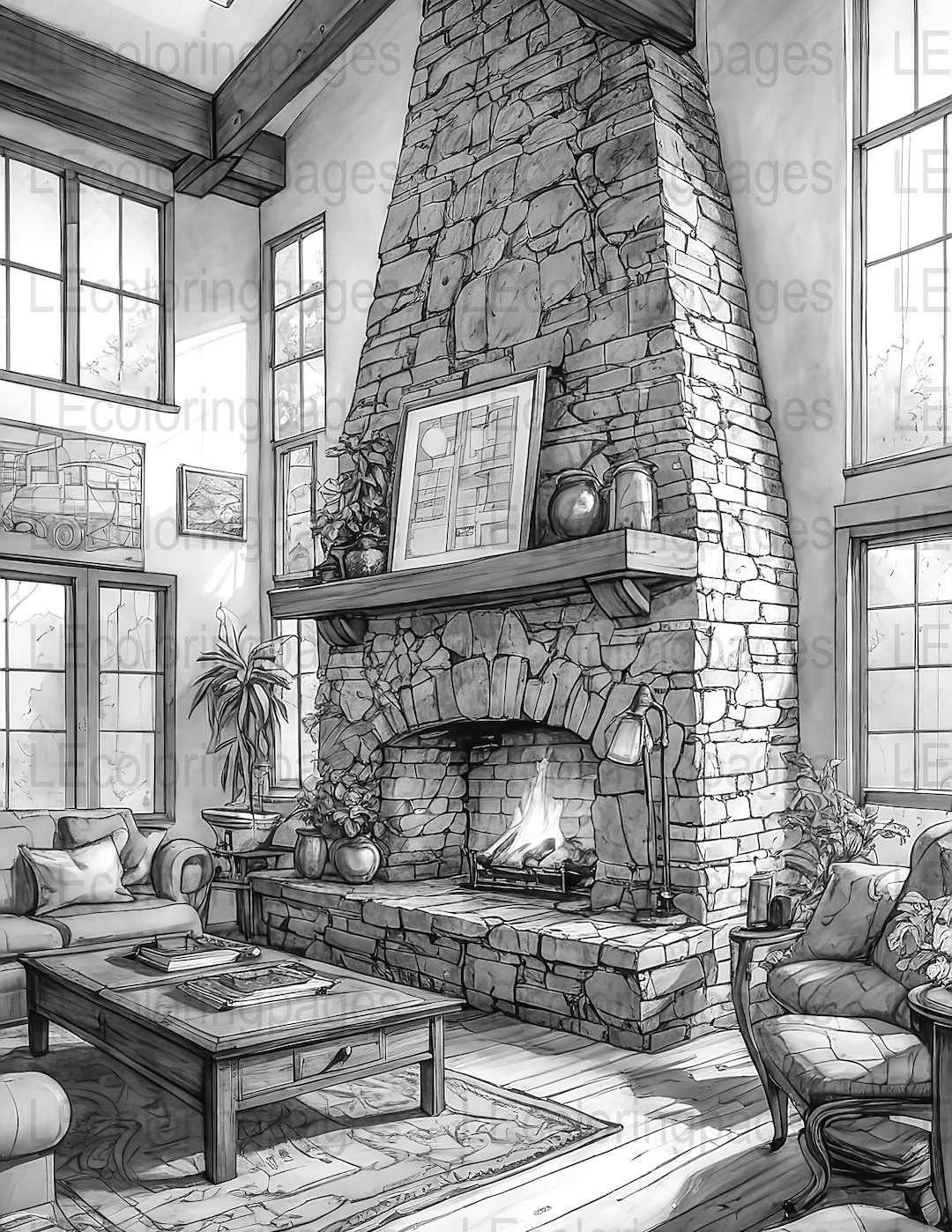 Adult Coloring Page, Cozy Fireplace Room, Instant Download, Grayscale