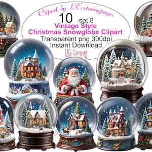 Vintage Style Christmas Snowglobe Clipart Set of 10, Transparent PNG, 300DPI, Instant Download, Commercial Use, POD Use