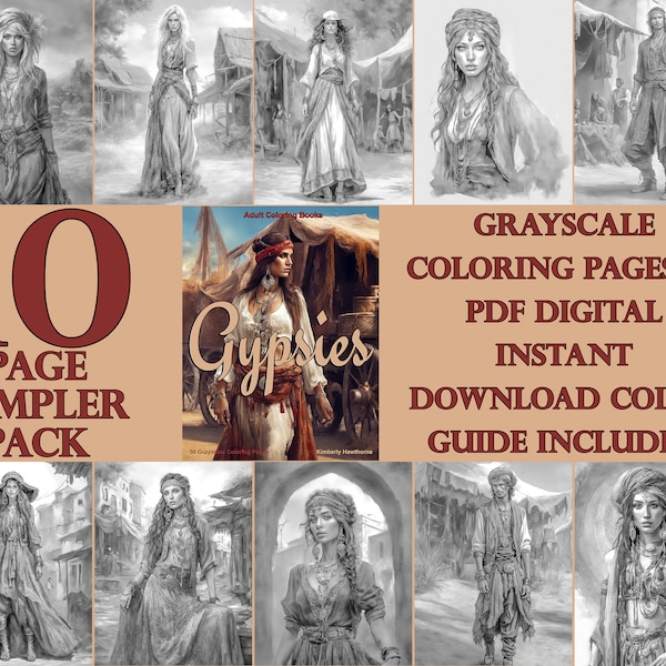 Gypsies, 10 Grayscale Coloring Pages, Instant Download PDF Digital Art Illustrations AI-Assisted Art, 8.5 x 11 inches 300dpi