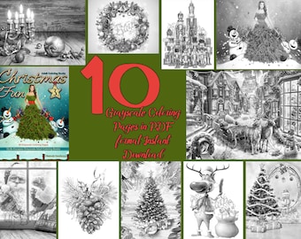 Christmas Grayscale Coloring Pages, Adult Holiday Fun (10 Page PDF Bundle)