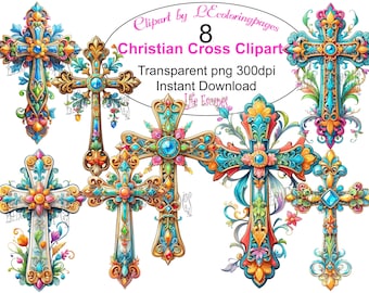 Ornate Christian Cross Clipart Set, Transparent PNG (Digital Download)