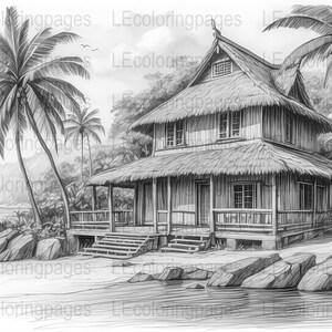 Tropical Beach House Coloring Page for Adults, Printable Grayscale Scenery, Relaxing JPG Download