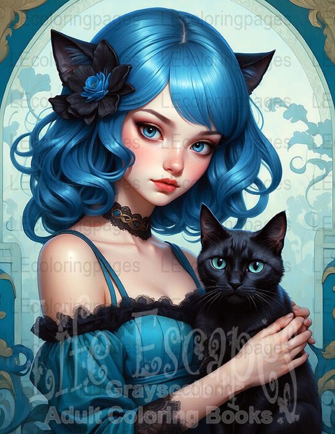 Gothic Cat Girl Grayscale Coloring Page for Adults #40 - Instant ...