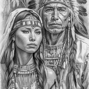 Puede incluir: Un dibujo a lápiz en blanco y negro de una pareja nativa americana. El hombre lleva un tocado tradicional con plumas y cuentas. La mujer lleva un collar y pendientes de cuentas. Ambos miran al espectador.