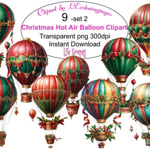 Conjunto de clipart de balão de ar quente de Natal 2, 9 clipart PNG transparente, uso comercial, download instantâneo, arte digital de 300 dpi