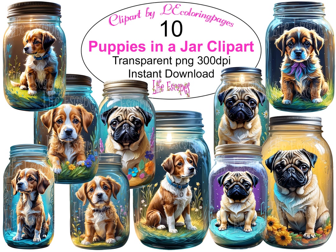 Puppies in a Jar Clipart Set, Cute Dog Digital Art, Commercial Use, Pet ...