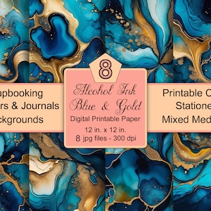 Blue and Gold Alcohol Ink Digital Paper, Printable Scrapbooking Background, Crafting Stationery, Mixed Media Art, Planner Decoration 12x12