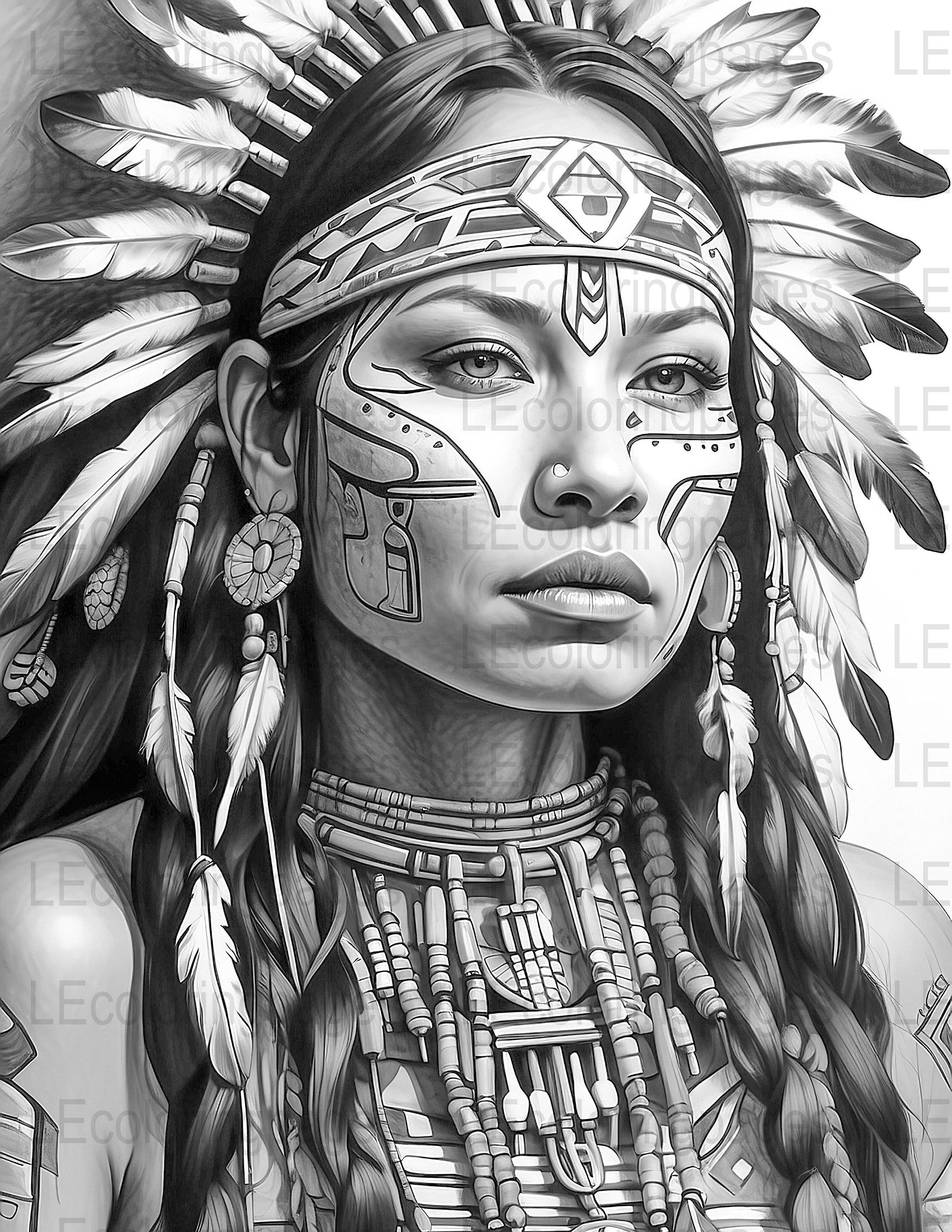 Adult Coloring Page, Native American Woman Portrait, Grayscale Coloring