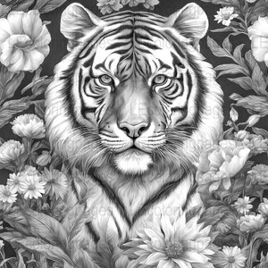 Printable Adult Coloring Page, Grayscale Tiger in Flowers, Relaxing Floral Animal Artwork, Instant Download PDF