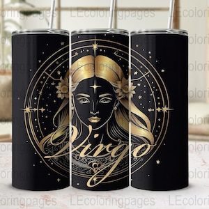 Virgo Zodiac Sign 20 oz Tumbler, Astrology Skinny Tumbler, Gold Star Illustration, Celestial Gift, Horoscope Drinkware, Zodiac Art Cup