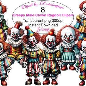 Conjunto de clipart de palhaço masculino assustador Ragdoll, download instantâneo, PNG transparente, uso comercial, 300dpi, produto digital, 8 imagens