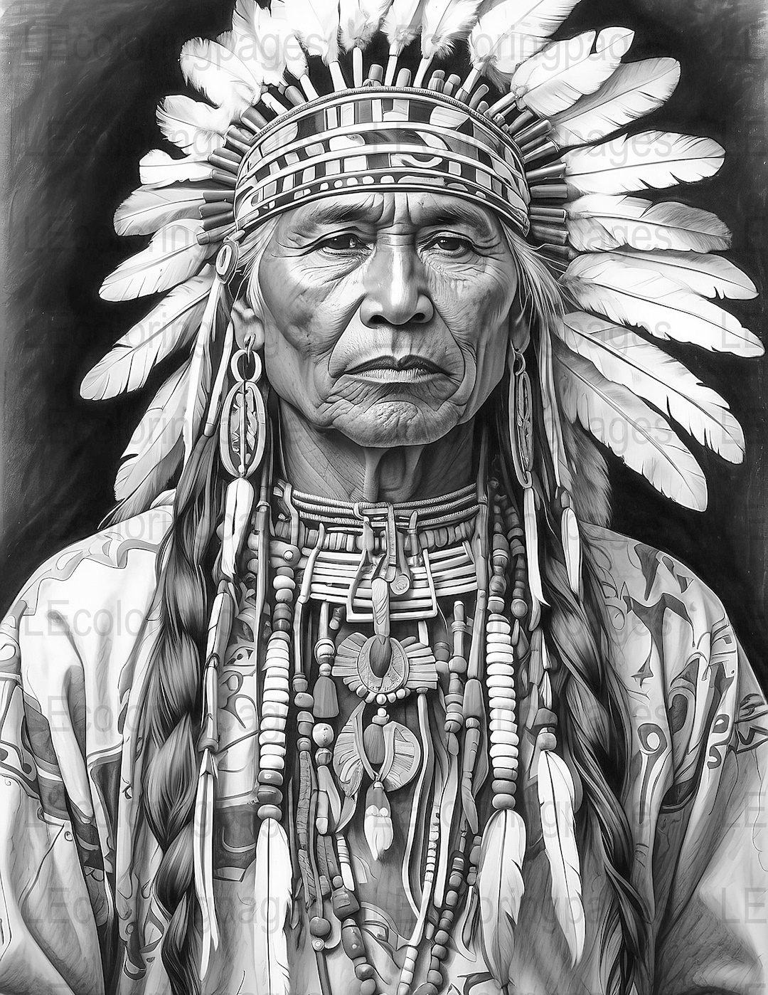 Adult Coloring Page, Native American Chief, Grayscale Image, Relaxing ...
