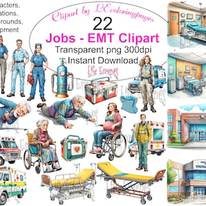 Educational Clipart Set, Jobs EMT, Emergency Medical Service, Teacher Classroom Resources, PNG Files, Instant Download, Commercial Use