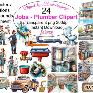 Puede incluir: Un conjunto de 24 imágenes de clipart digital que representan a fontaneros, herramientas y situaciones relacionadas con la fontanería. Las imágenes son de estilo de dibujos animados y son perfectas para crear materiales educativos, manualidades o proyectos digitales.