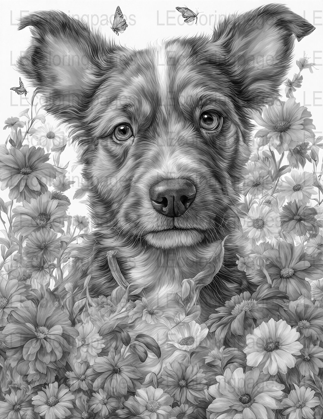 Printable Adult Coloring Page Grayscale Dog And Flowers Instant Printable adult coloring page grayscale dog and flowers instant