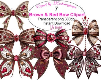 Red Brown Lace Bow Clipart Set, Commercial Use (PNGs, 300 DPI)