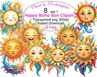Happy Boho Sun Clipart Set, 8 PNG Illustrations (Commercial Use) (Digital Download)